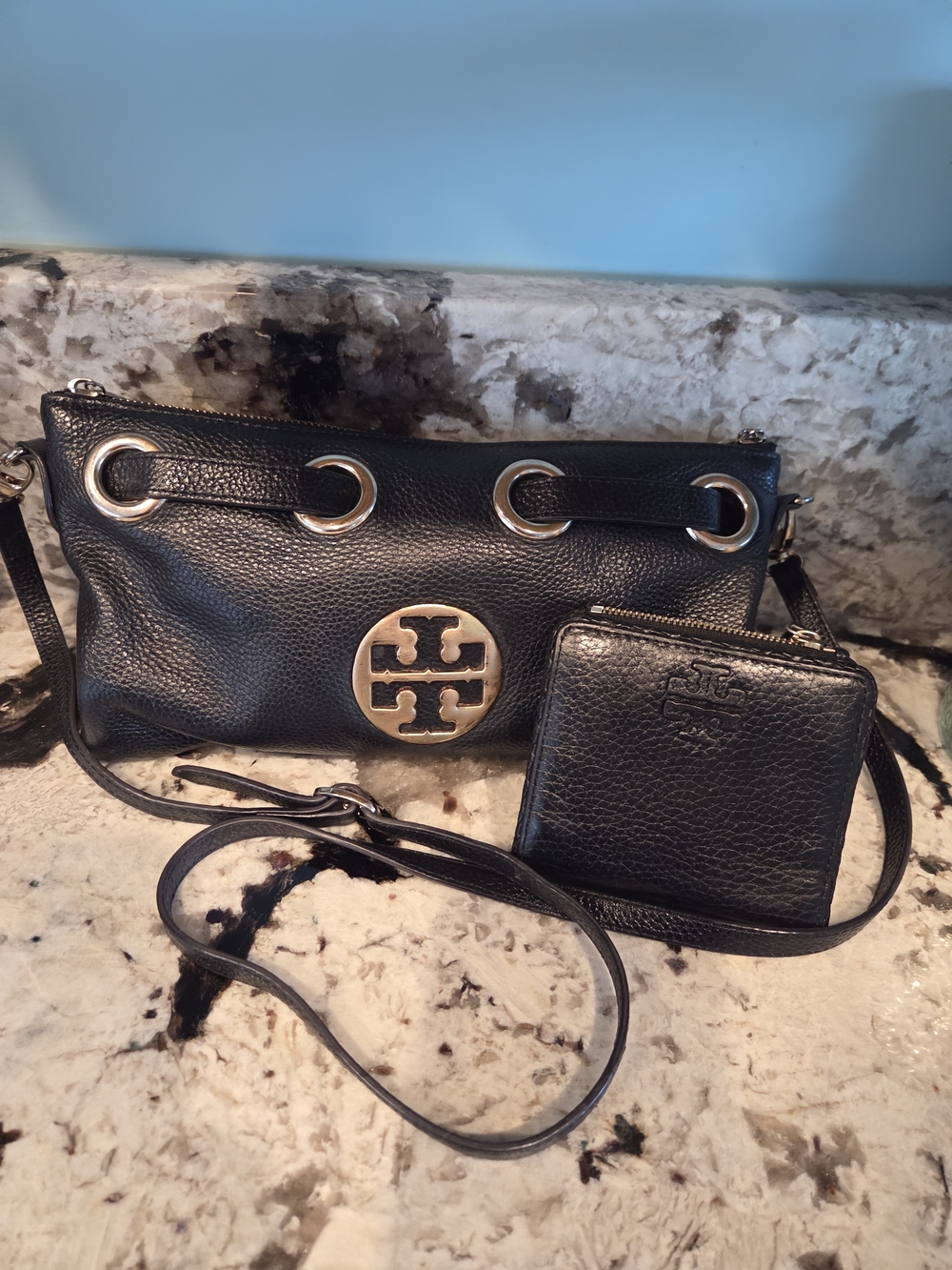 Tory Burch Black Pebbled Leather Crossbody with Gold Logo